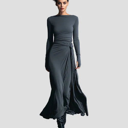 Milena | Long Sleeve Draped Midi Dress - Velvet Haven