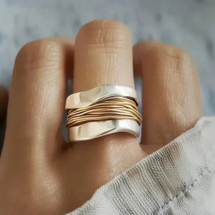 Silver Ring with Golden Thread Design - Velvet Haven