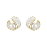 Gold Pearl and White Enamel Stud Earrings