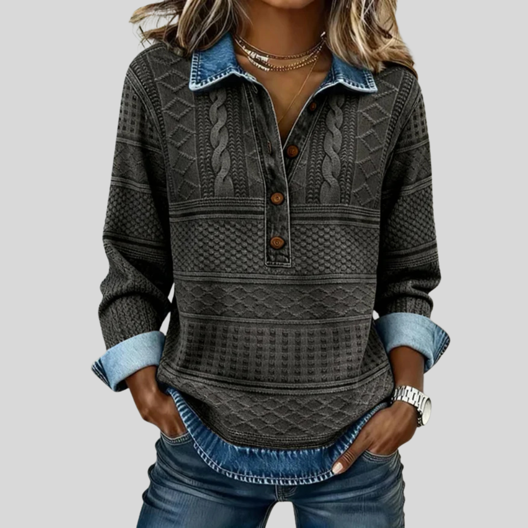 Velmora | Textured Knit Button-Collar Top