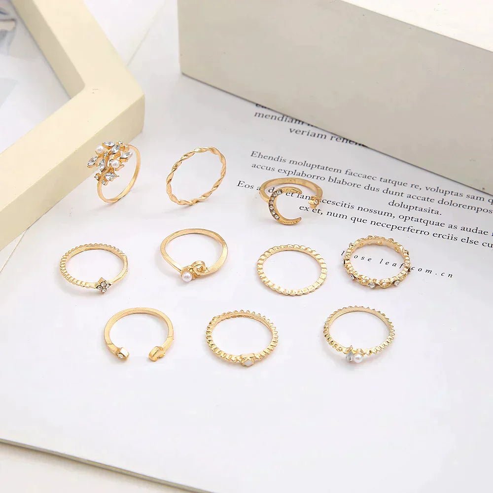 10-Piece Bohemian Ring Set in Silver and Gold - Velvet Haven