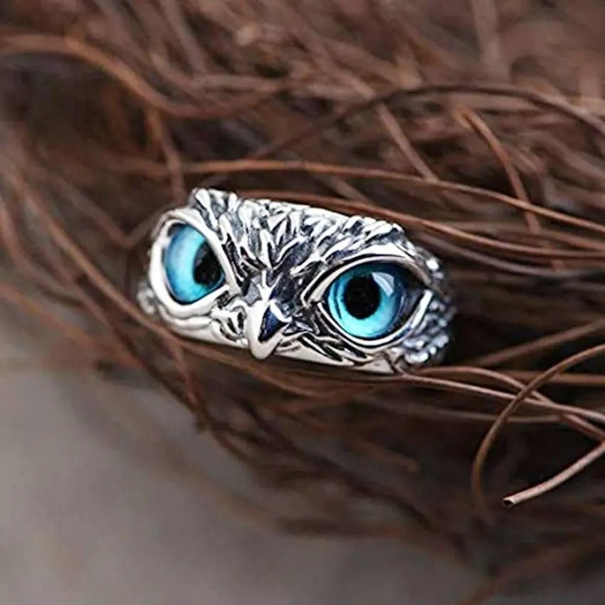 Silver Adjustable Ring with Opal and Lucky Owl Design" - Velvet Haven
