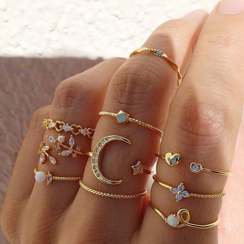 10-Piece Bohemian Ring Set in Silver and Gold - Velvet Haven