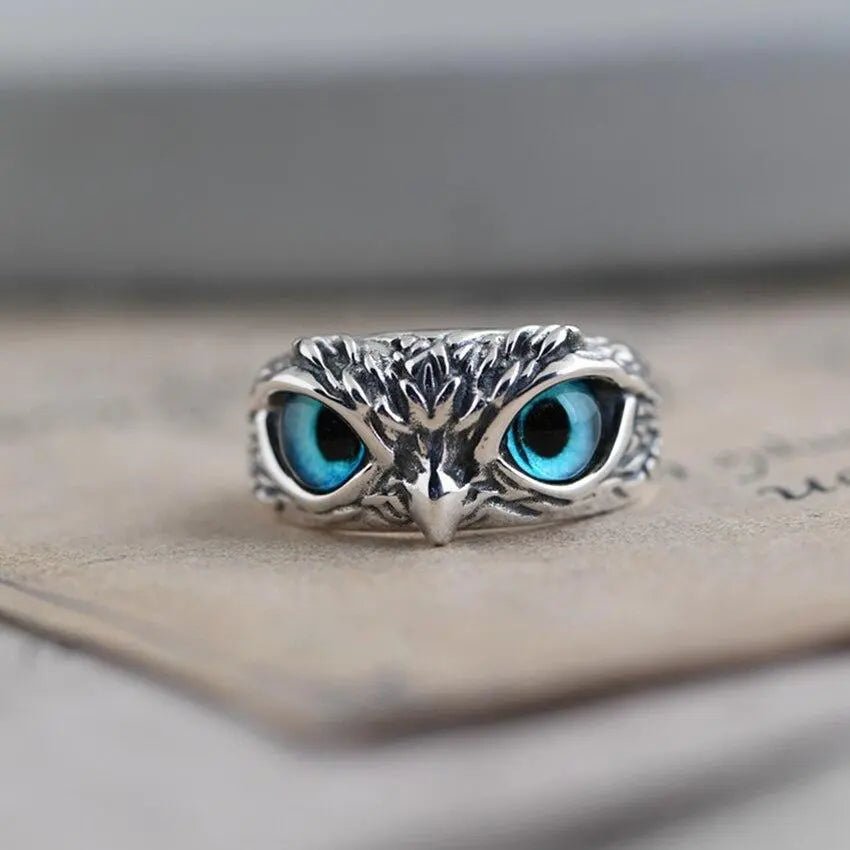 Silver Adjustable Ring with Opal and Lucky Owl Design" - Velvet Haven