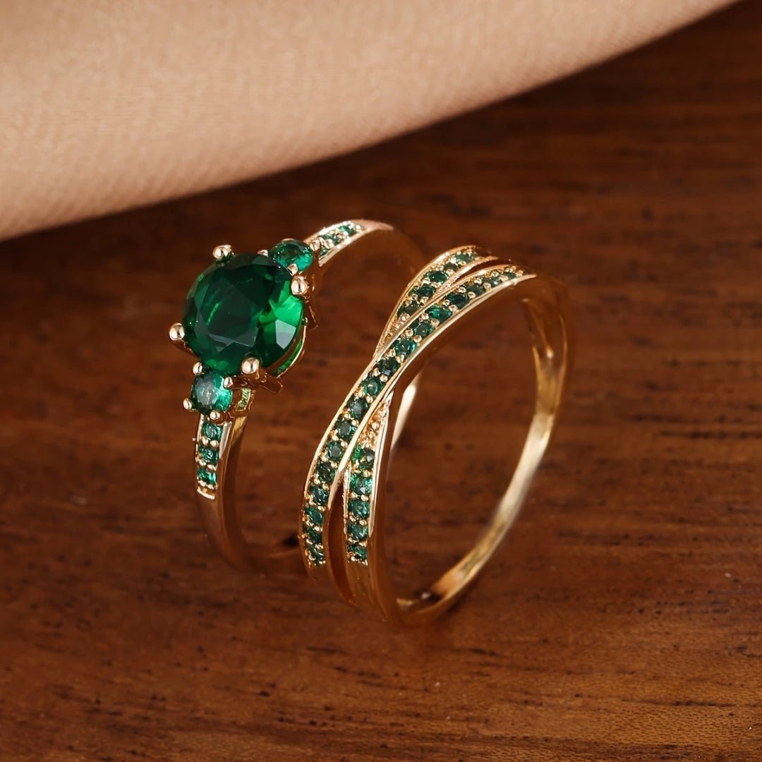 Exclusive Gold Ring Set with Green Crystals - Velvet Haven