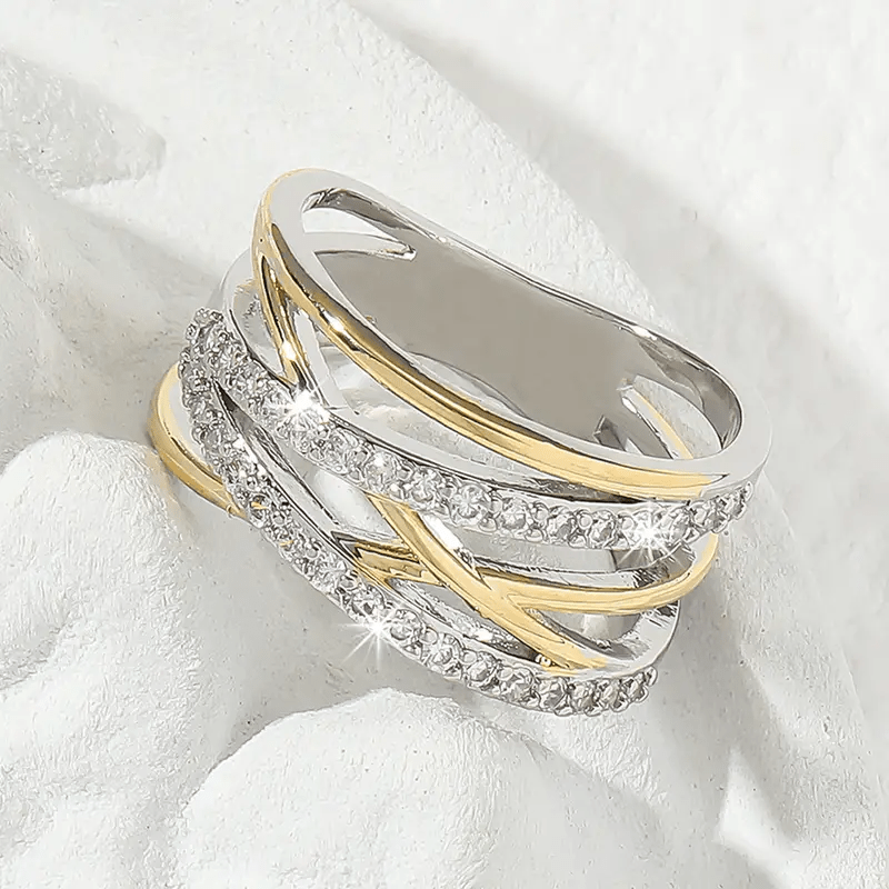 Two Tone Crossover Zirconia Band Ring - Velvet Haven