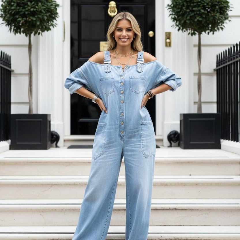 👗👖 Cold-Shoulder Jumpsuit with Wide-Leg Cut and Pockets - Velvet Haven