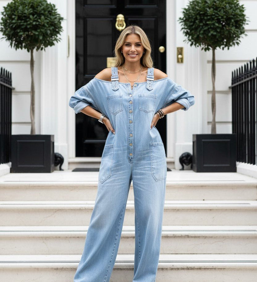 👗👖 Cold-Shoulder Jumpsuit with Wide-Leg Cut and Pockets - Velvet Haven