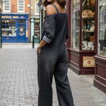 👗👖 Cold-Shoulder Jumpsuit with Wide-Leg Cut and Pockets - Velvet Haven