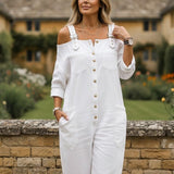 👗👖 Cold-Shoulder Jumpsuit with Wide-Leg Cut and Pockets - Velvet Haven
