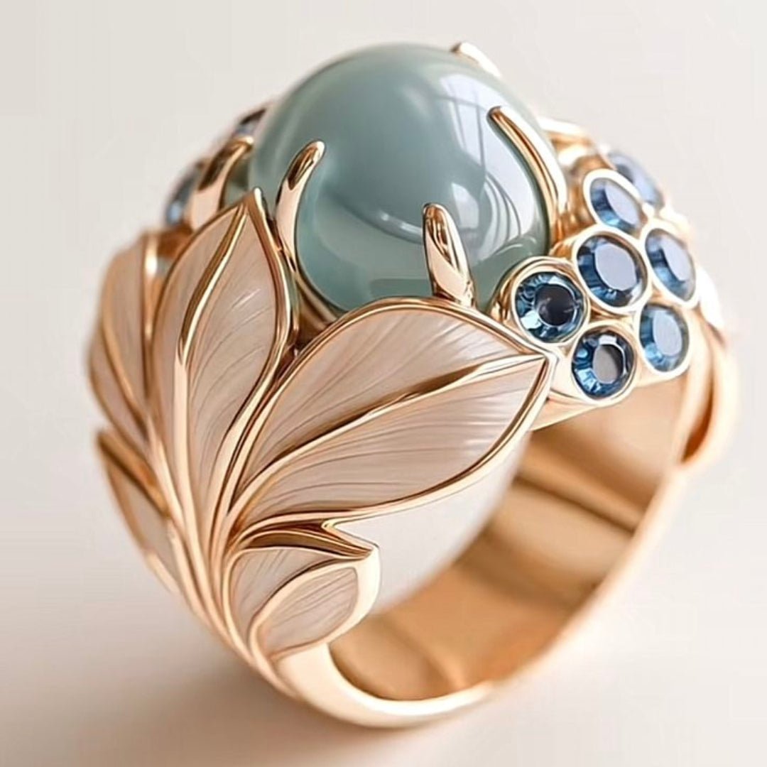 Greenish Stone Gold Leaf Ring - Velvet Haven