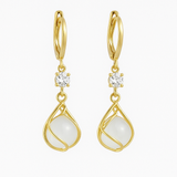 Gold Wire Wrapped White Opal Drop Earrings