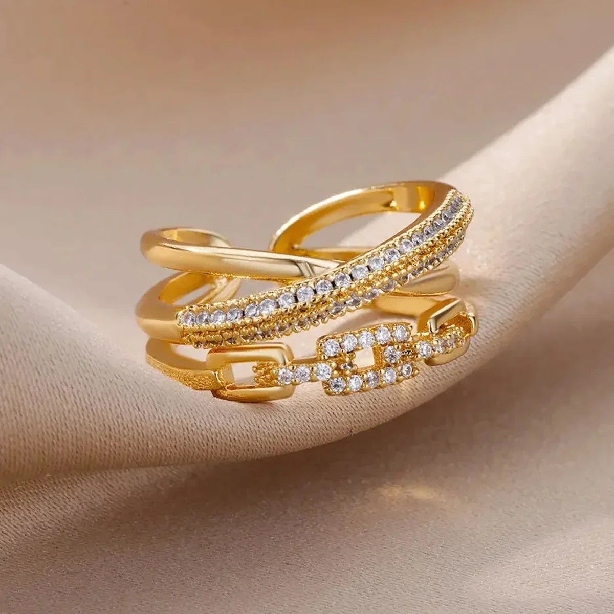 Gold Chain Link Crystal Ring - Velvet Haven