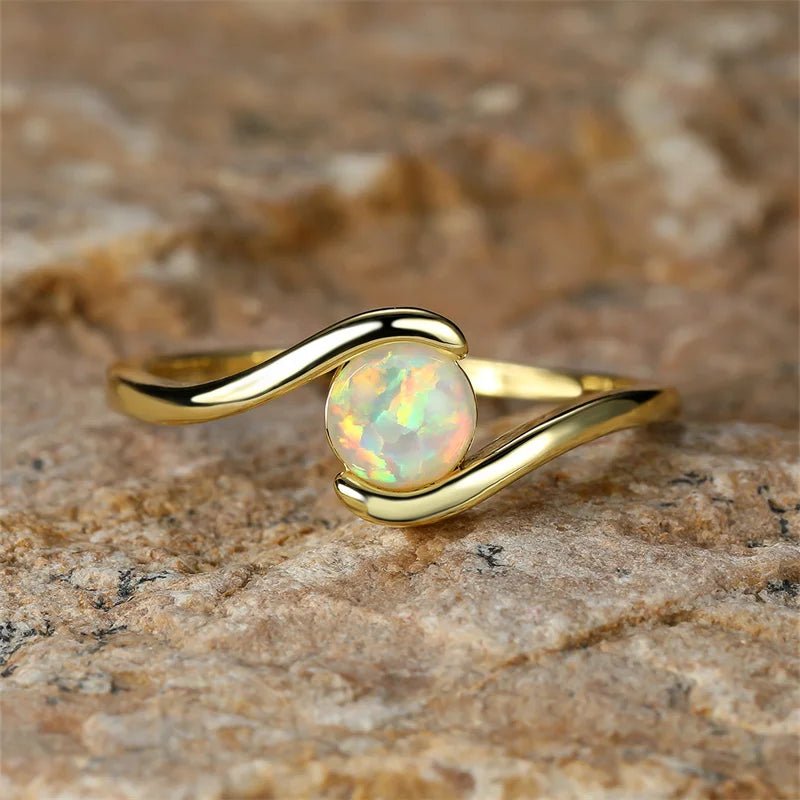 Timeless Round Rainbow White Fire Opal Ring - Velvet Haven