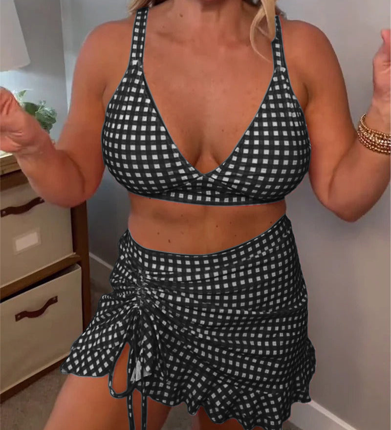Kiki | Gingham Bikini Set with Wrap Skirt and Built-In Bottoms
