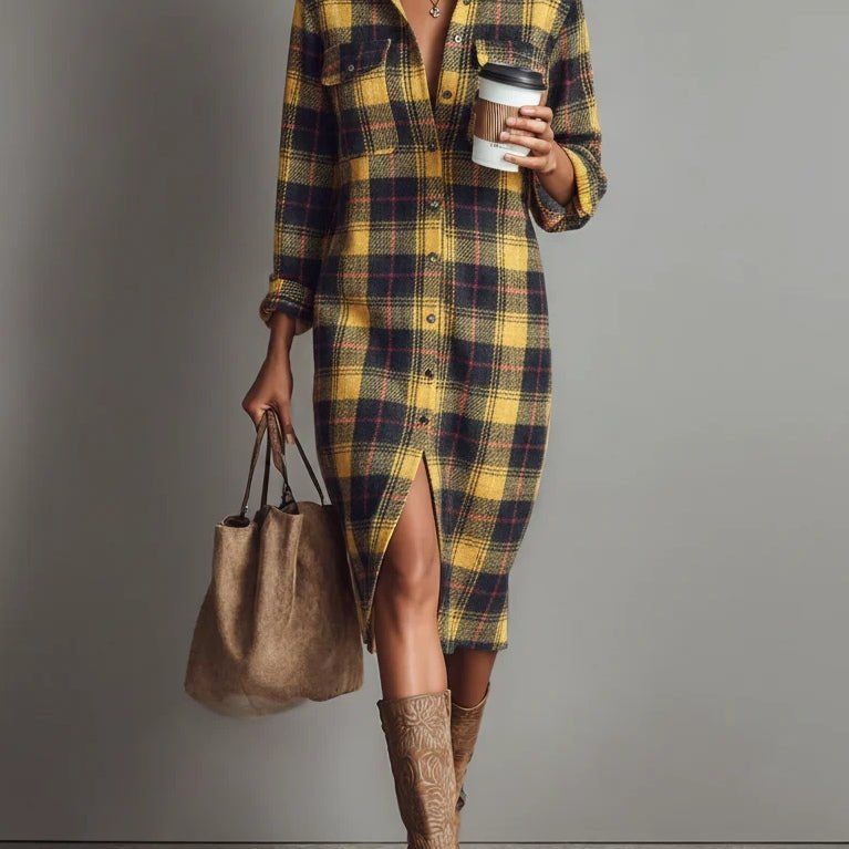 Talia | Flannel Long Sleeve Midi Dress - Velvet Haven