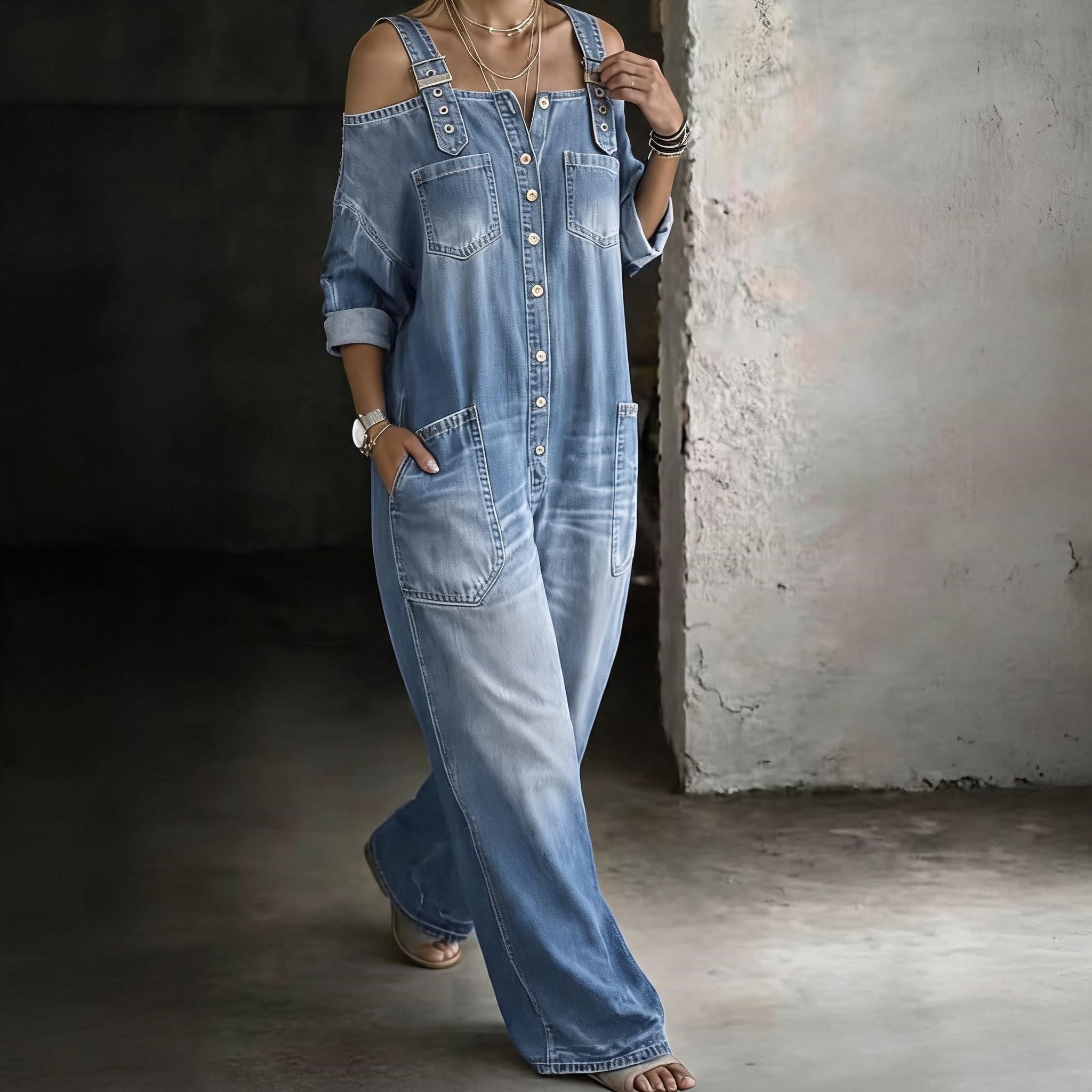 👗👖 Cold-Shoulder Jumpsuit with Wide-Leg Cut and Pockets - Velvet Haven