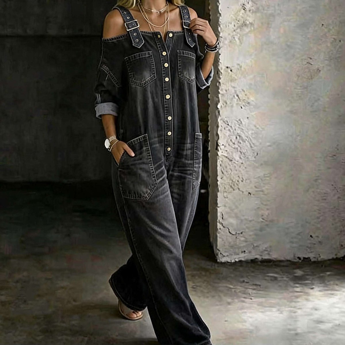 👗👖 Cold-Shoulder Jumpsuit with Wide-Leg Cut and Pockets - Velvet Haven