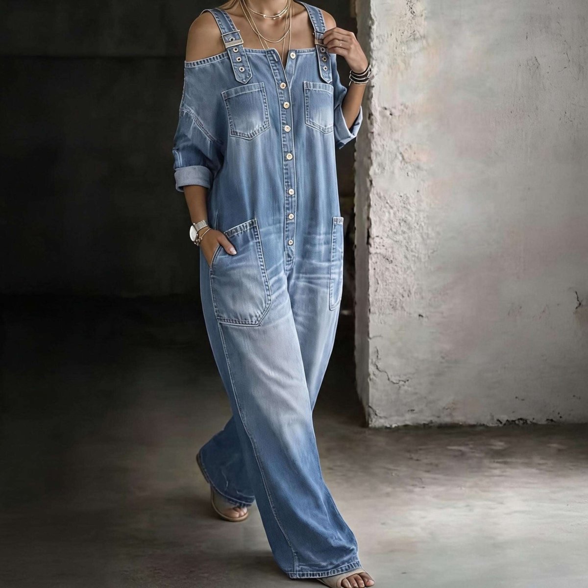 👗👖 Cold-Shoulder Jumpsuit with Wide-Leg Cut and Pockets - Velvet Haven