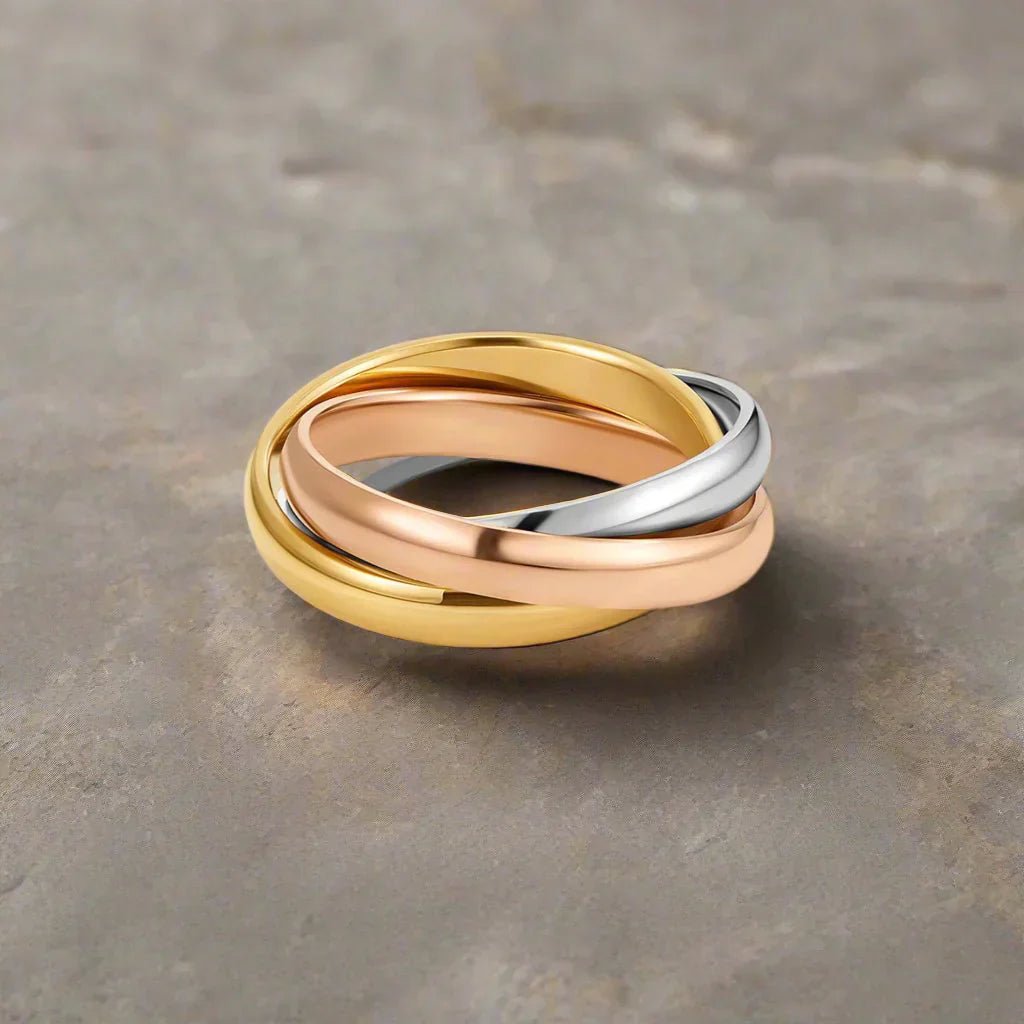 Trinity Interlocking Gold, Silver & Rose Band Ring - Velvet Haven