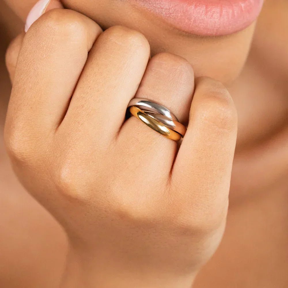 Trinity Interlocking Gold, Silver & Rose Band Ring - Velvet Haven