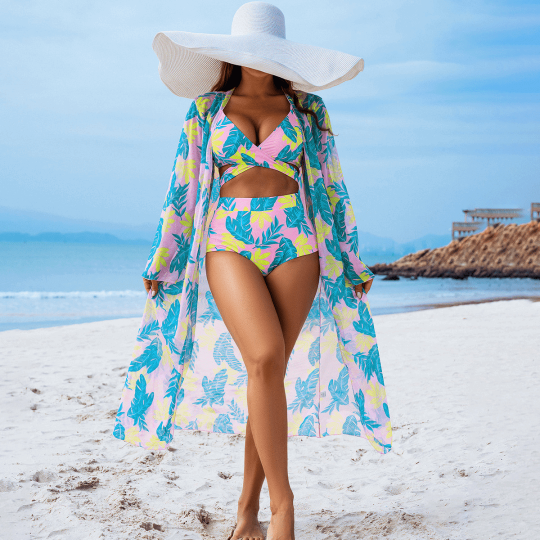 Floor | 3-Piece Floral Bikini Set with Complimentary Cover-Up - Velvet Haven