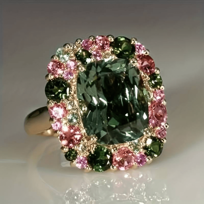 Vintage Green & Pink Crystal Ring - Velvet Haven