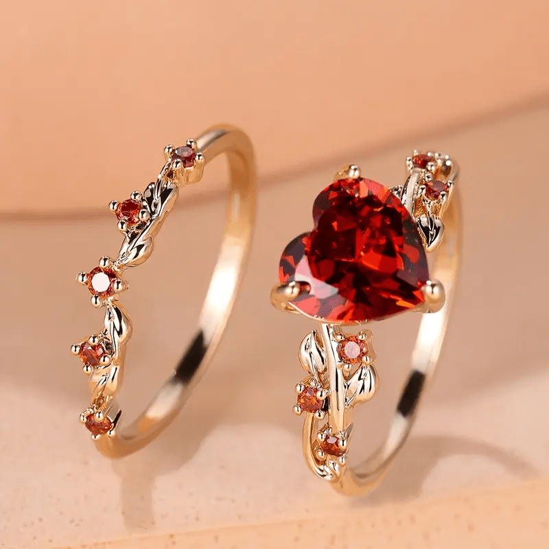 Heart & Ruby Ring Set - Velvet Haven