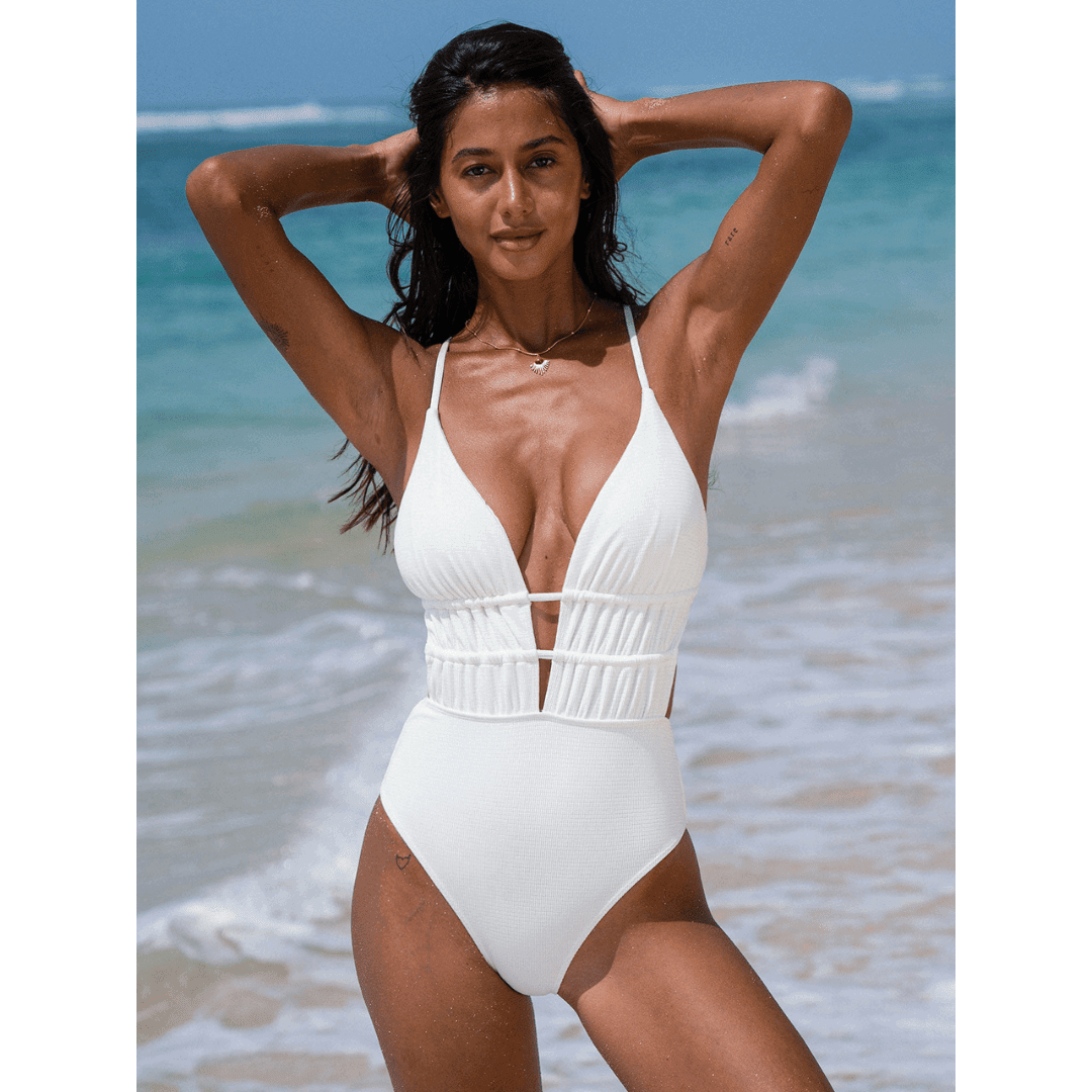 Silvie | Plunge Neck Swimsuit with Cross-Back Details - Velvet Haven