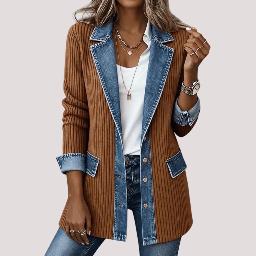 Women's Ribbed Knit & Denim Coat – Relaxed Fit Panelled Jacket