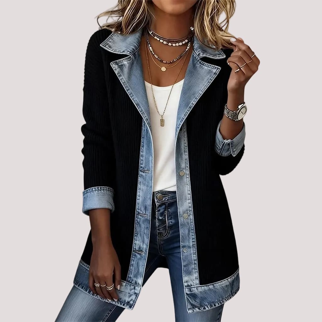Women's Ribbed Knit & Denim Coat – Relaxed Fit Panelled Jacket