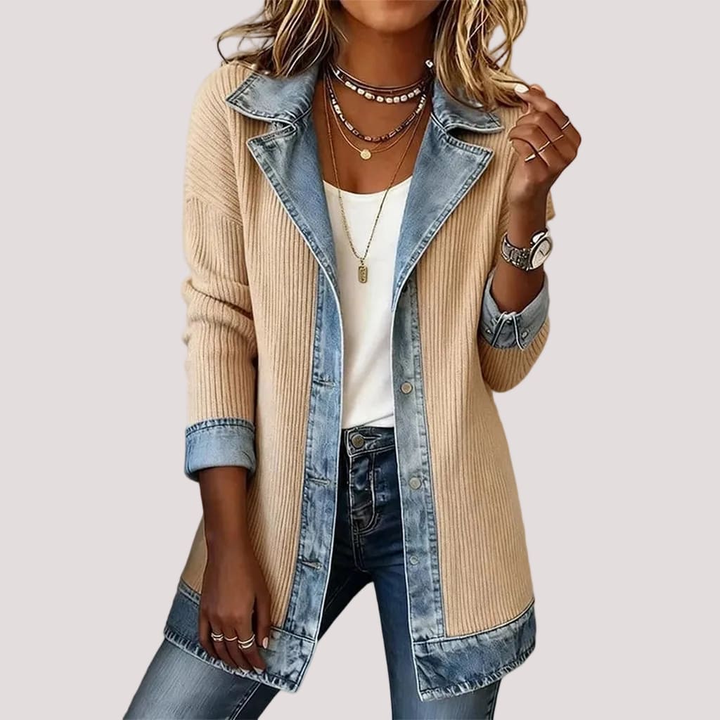 Women's Ribbed Knit & Denim Coat – Relaxed Fit Panelled Jacket