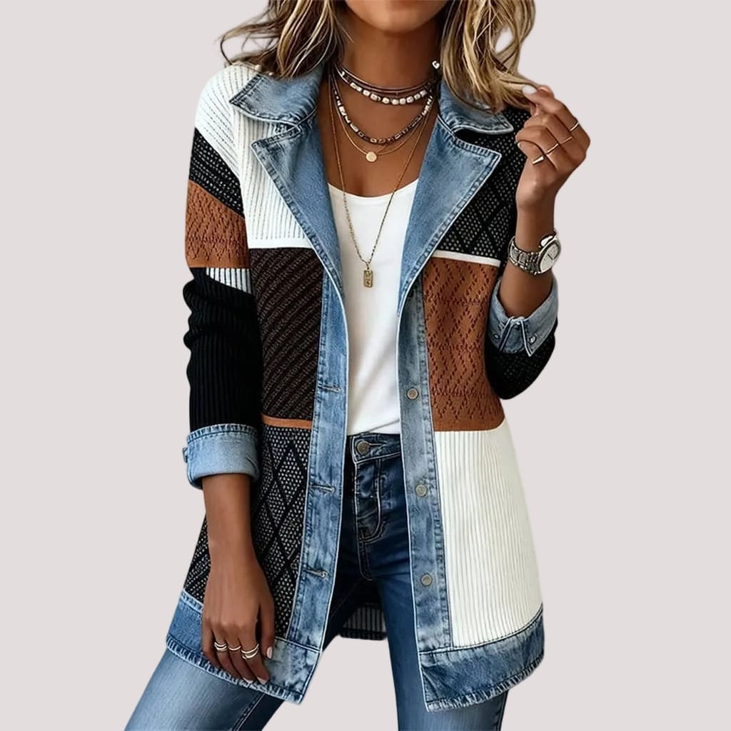 Women's Ribbed Knit & Denim Coat – Relaxed Fit Panelled Jacket