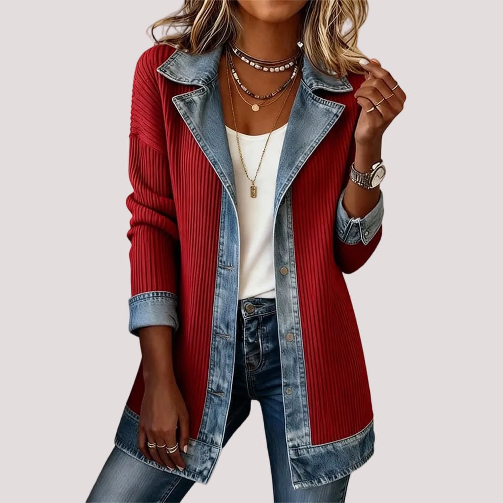 Women's Ribbed Knit & Denim Coat – Relaxed Fit Panelled Jacket
