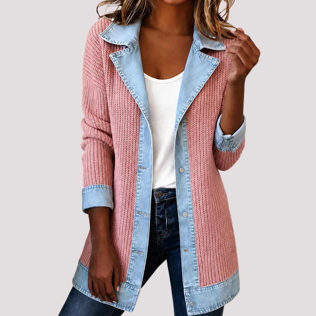 Women's Ribbed Knit & Denim Coat – Relaxed Fit Panelled Jacket