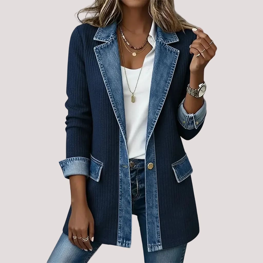 Women's Ribbed Knit & Denim Coat – Relaxed Fit Panelled Jacket