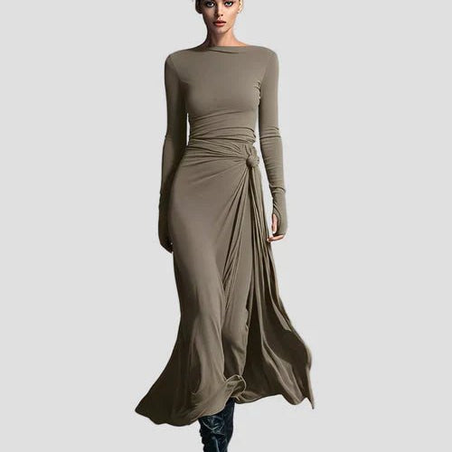 Milena | Long Sleeve Draped Midi Dress - Velvet Haven