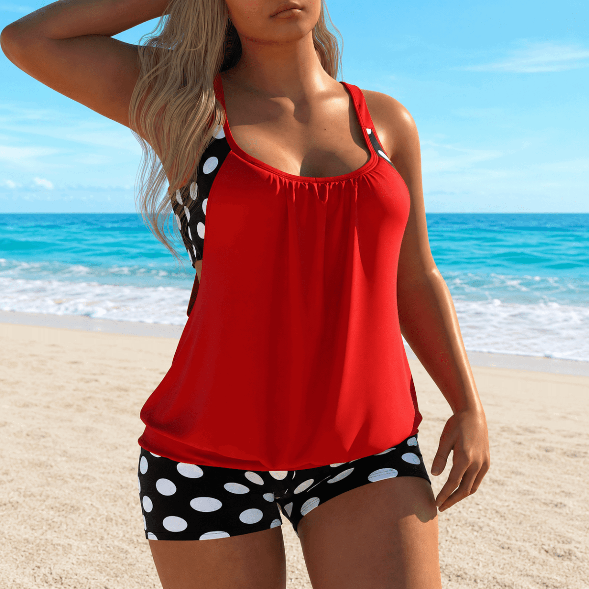 Vera | Two-Piece Tankini Set with Polka Dot Shorts - Velvet Haven